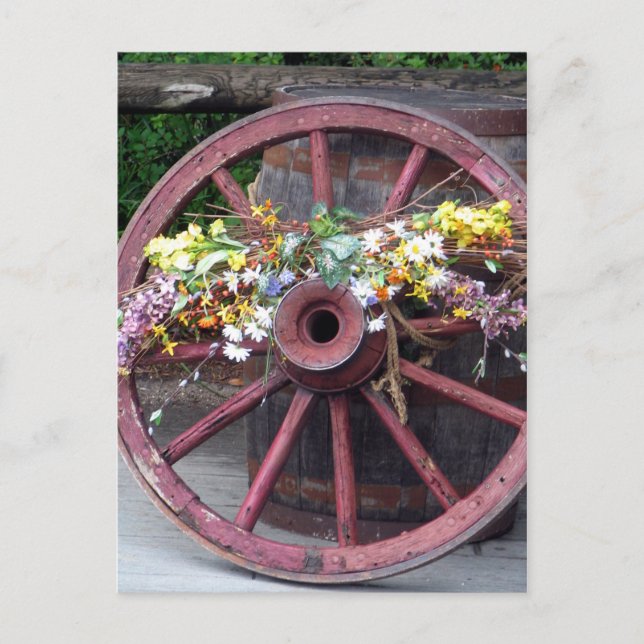 Flowers and Wagon Wheel Postcard (Front)