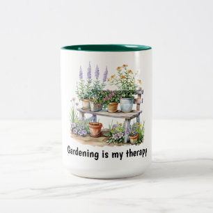 Flowers and wood bench Two-Tone coffee mug