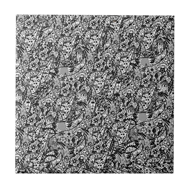 Flowers Art - Abstract Black and White Ceramic Tile (Front)