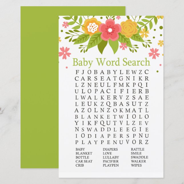 Flowers Baby Shower Word Search Game (Front/Back)