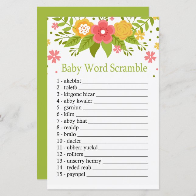 Flowers Baby word scramble game (Front/Back)