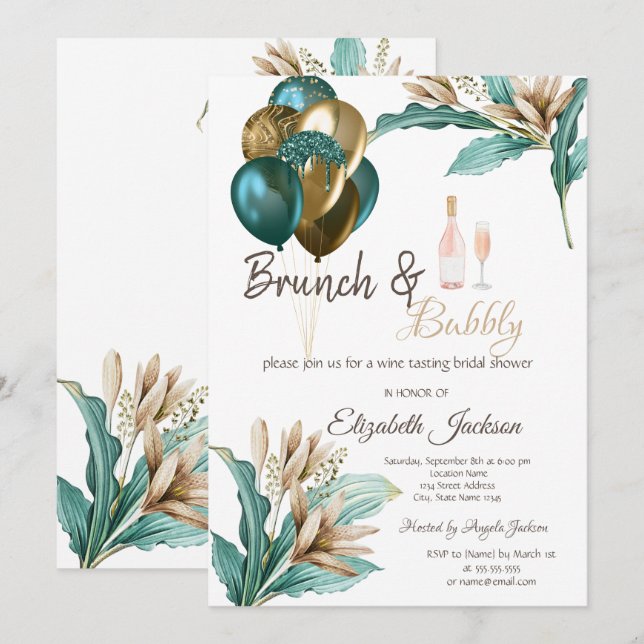 Flowers Balloons Brunch & Bubbly Bridal Shower  Invitation (Front/Back)