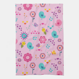 Flowers Bees And Birds Tea Towel