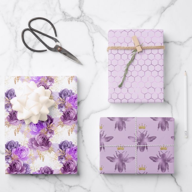 Flowers Bees and Honeycomb Wrapping Paper Sheet (Front)