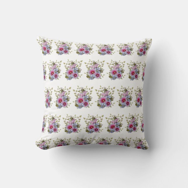 FLOWERS & BEES Digital Drawing, Pink Hollyhocks Cushion (Front)
