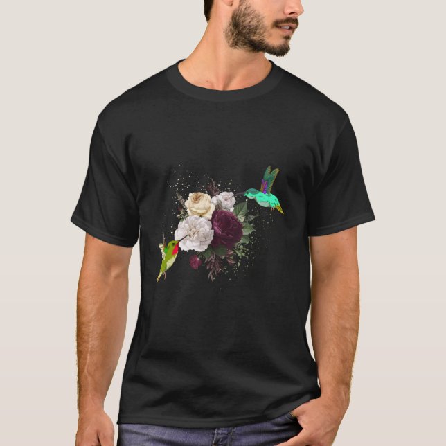 Flowers Bird Animal Roses Floral Hummingbird T-Shirt (Front)