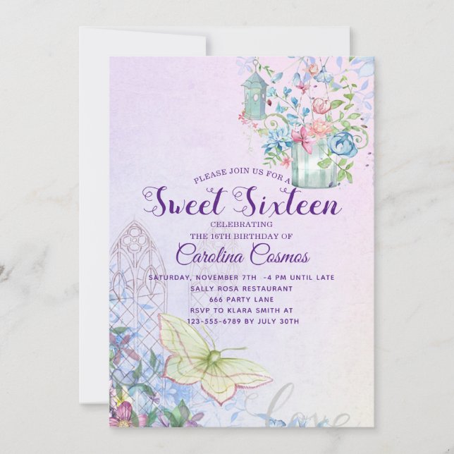 Flowers Bird House Butterfly Sweet 16  Invitation (Front)