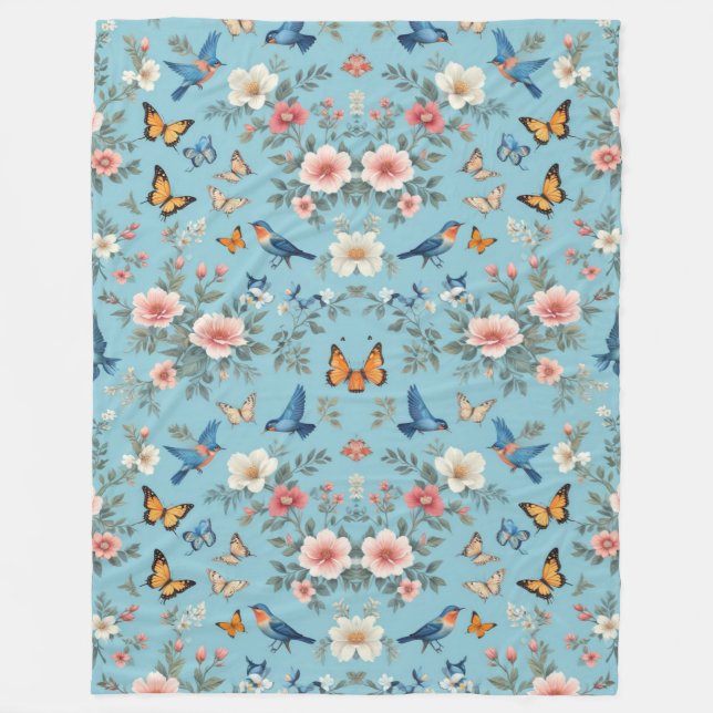 Flowers Birds And Butterflies Fleece Blanket (Front)