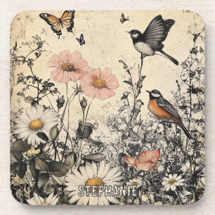 Flowers, Birds & Butterfly on Aged Paper (1) Coaster