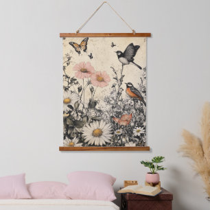 Flowers, Birds & Butterfly on Aged Paper (1) Hanging Tapestry
