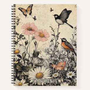 Flowers, Birds & Butterfly on Aged Paper (1) Notebook