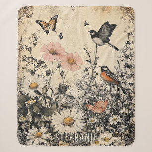 Flowers, Birds & Butterfly on Aged Paper (1) Sherpa Blanket