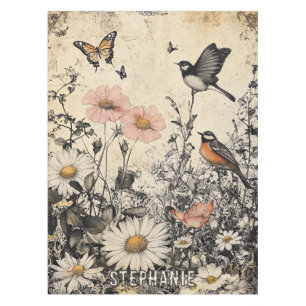 Flowers, Birds & Butterfly on Aged Paper (1) Tablecloth