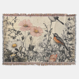 Flowers, Birds & Butterfly on Aged Paper (1) Throw Blanket
