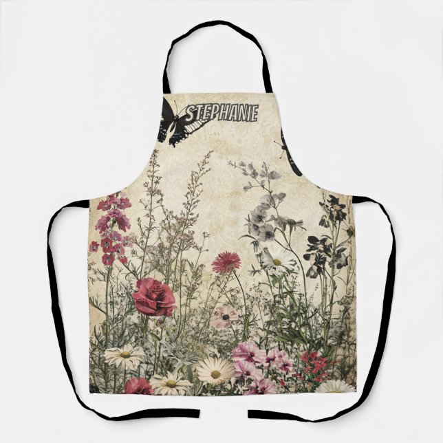 Flowers, Birds & Butterfly on Aged Paper (2) Apron (Front)