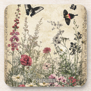 Flowers, Birds & Butterfly on Aged Paper (2) Coaster