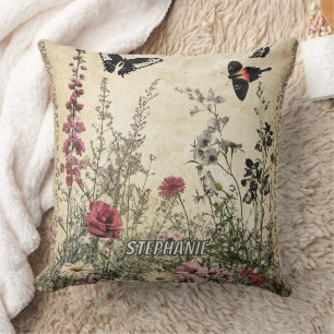 Flowers, Birds & Butterfly on Aged Paper (2) Cushion