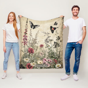 Flowers, Birds & Butterfly on Aged Paper (2) Fleece Blanket