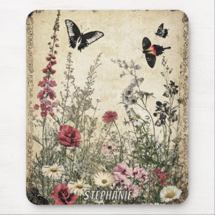Flowers, Birds & Butterfly on Aged Paper (2) Mouse Pad