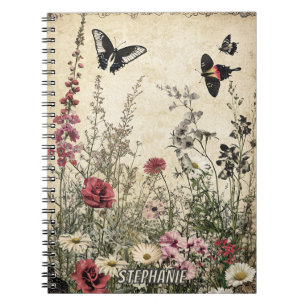 Flowers, Birds & Butterfly on Aged Paper (2) Notebook
