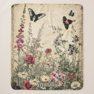 Flowers, Birds & Butterfly on Aged Paper (2) Sherpa Blanket