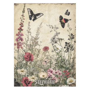 Flowers, Birds & Butterfly on Aged Paper (2) Tablecloth