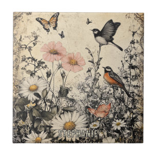 Flowers, Birds & Butterfly on Aged Paper Ceramic Tile