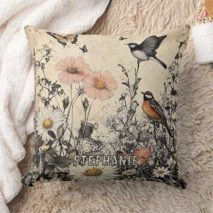 Flowers, Birds & Butterfly on Aged Paper Cushion
