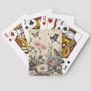 Flowers, Birds & Butterfly on Aged Paper Playing Cards