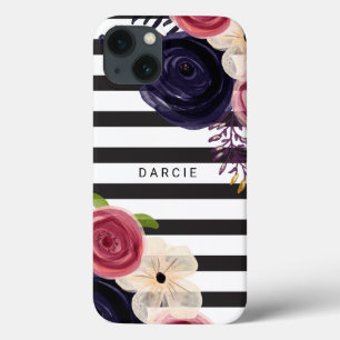 Flowers Black White Striped Personalised iPhone 13 Case