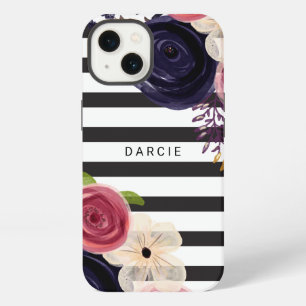 Flowers Black White Striped Personalised iPhone 13 Case