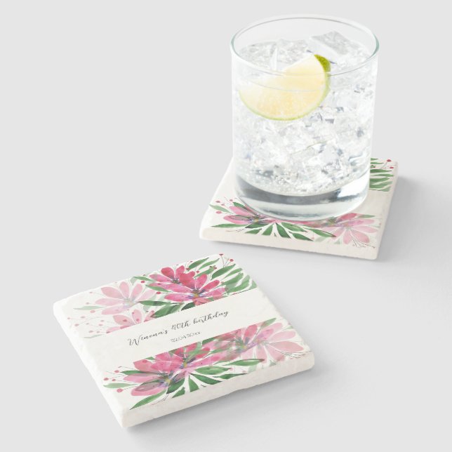 Flowers Bloom Original Art Watercolor Monogrammed Stone Coaster (Side)
