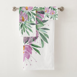 Flowers Bloom Violet Boho Watercolor Bath Towel Set