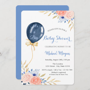 Flowers Blue Balloon Baby Shower Invitation