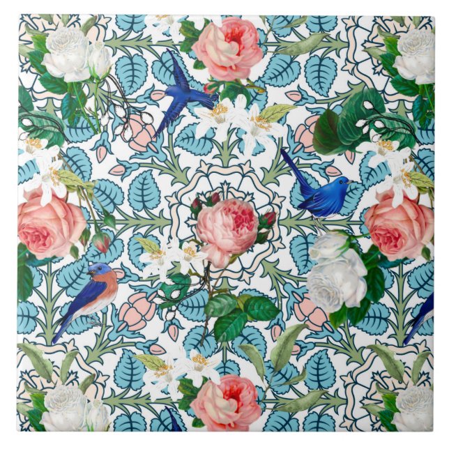 Flowers,blue birds,art nouveau ,summer   ceramic tile (Front)