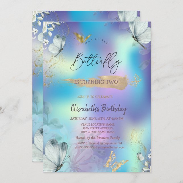  Flowers Blue Butterflies Holographic Birthday Invitation (Front/Back)