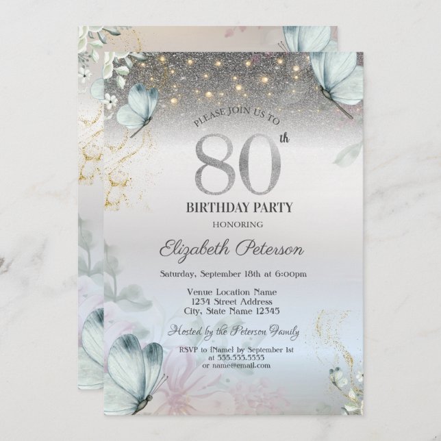 Flowers Blue Butterflies Silver 80th Birthday Invitation (Front/Back)
