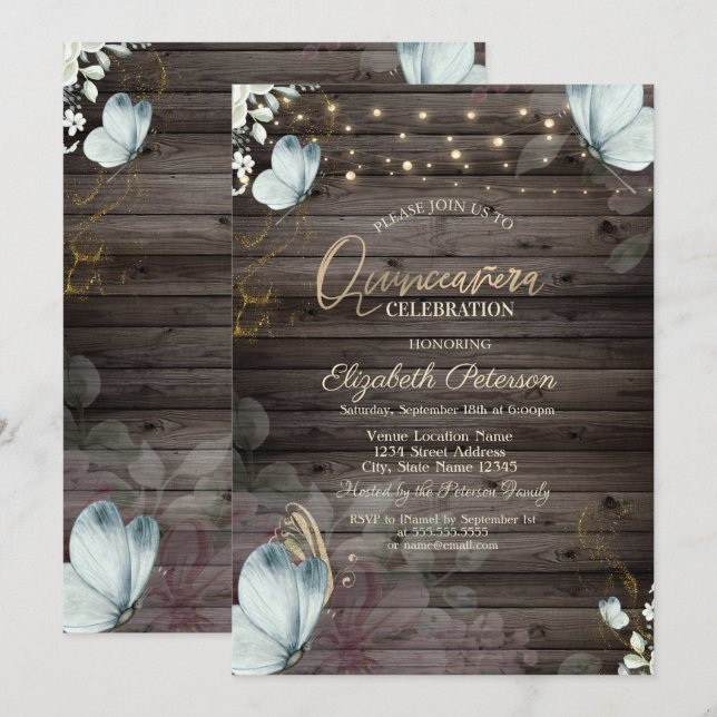 Flowers Blue Butterflies Wood Invitation (Front/Back)