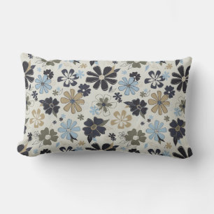 Flowers Blue Tan Outline Floral Pattern Lumbar Cushion
