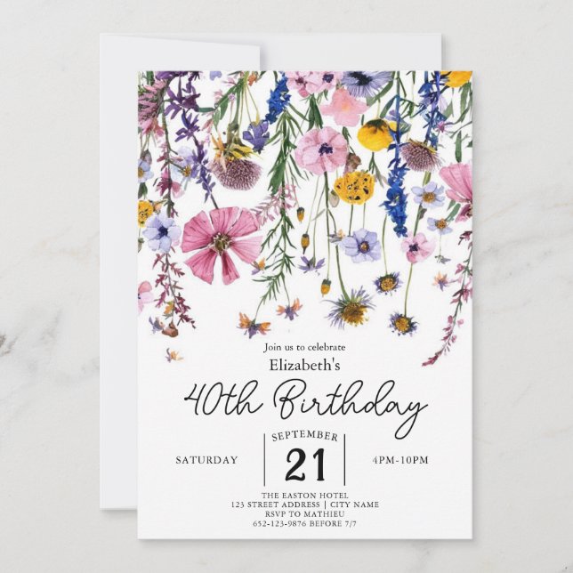 Flowers Boho Wildflowers 40th birthday Invitation (Front)