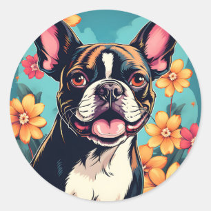 Flowers Boston Terrier Pet Classic Round Sticker
