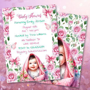 Flowers, Bows and Butterflies Pink Baby Shower Invitation