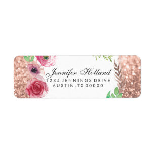 Flowers Bridal Shower Pink Rose Gold Return Address Label