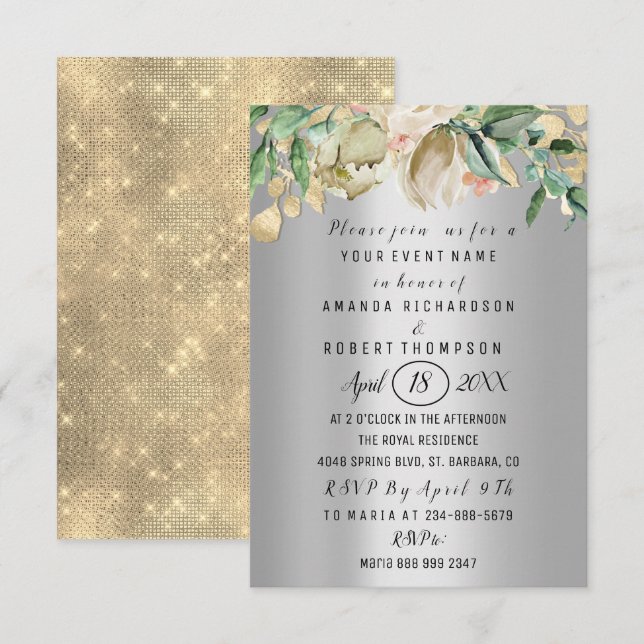 Flowers Brunch Silver Gold Wedding Anniversary Invitation (Front/Back)