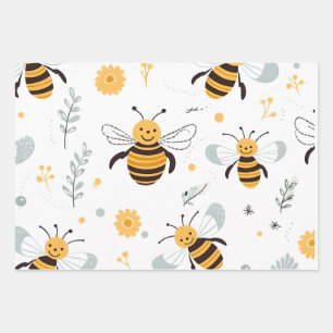 Flowers Bubble Bee Wrapping Paper Sheet Set of 3