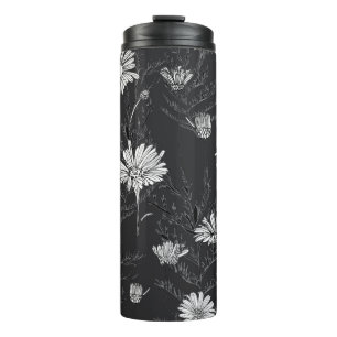Flowers buds and leaves of chamomile and butterfly thermal tumbler