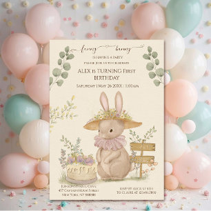 Flowers Bunnies First Birthday Invitation