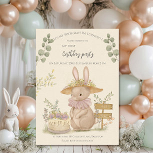 Flowers Bunnies First Birthday Invitation