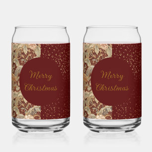 Flowers,Burgundi Red Gold Glitter, Merry Christmas Can Glass