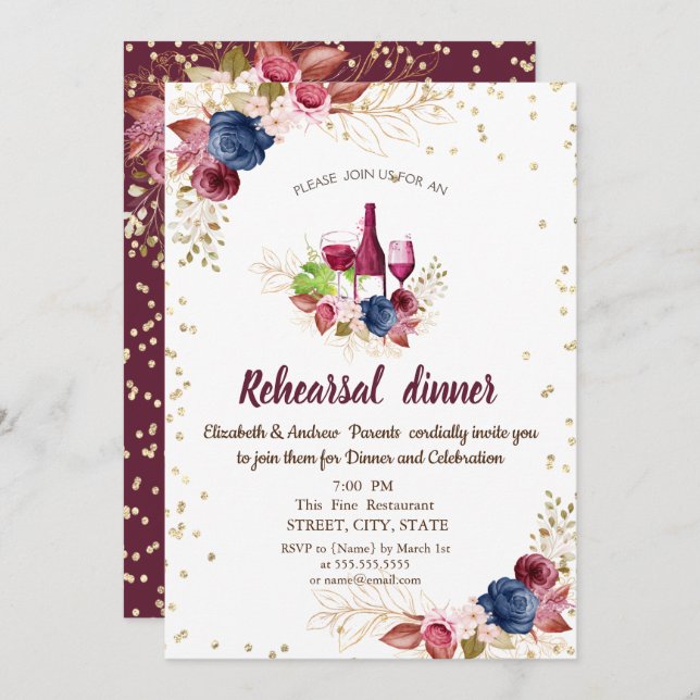  Flowers Burgundy Rehearsal Dinner Invitation (Front/Back)